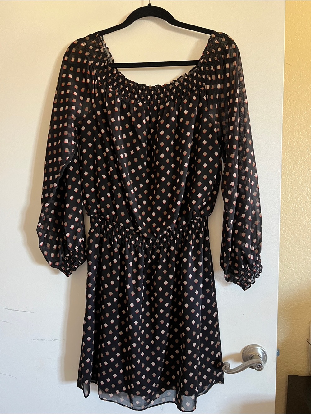 White House Black Market Black Dress with beige/red Diamond Print